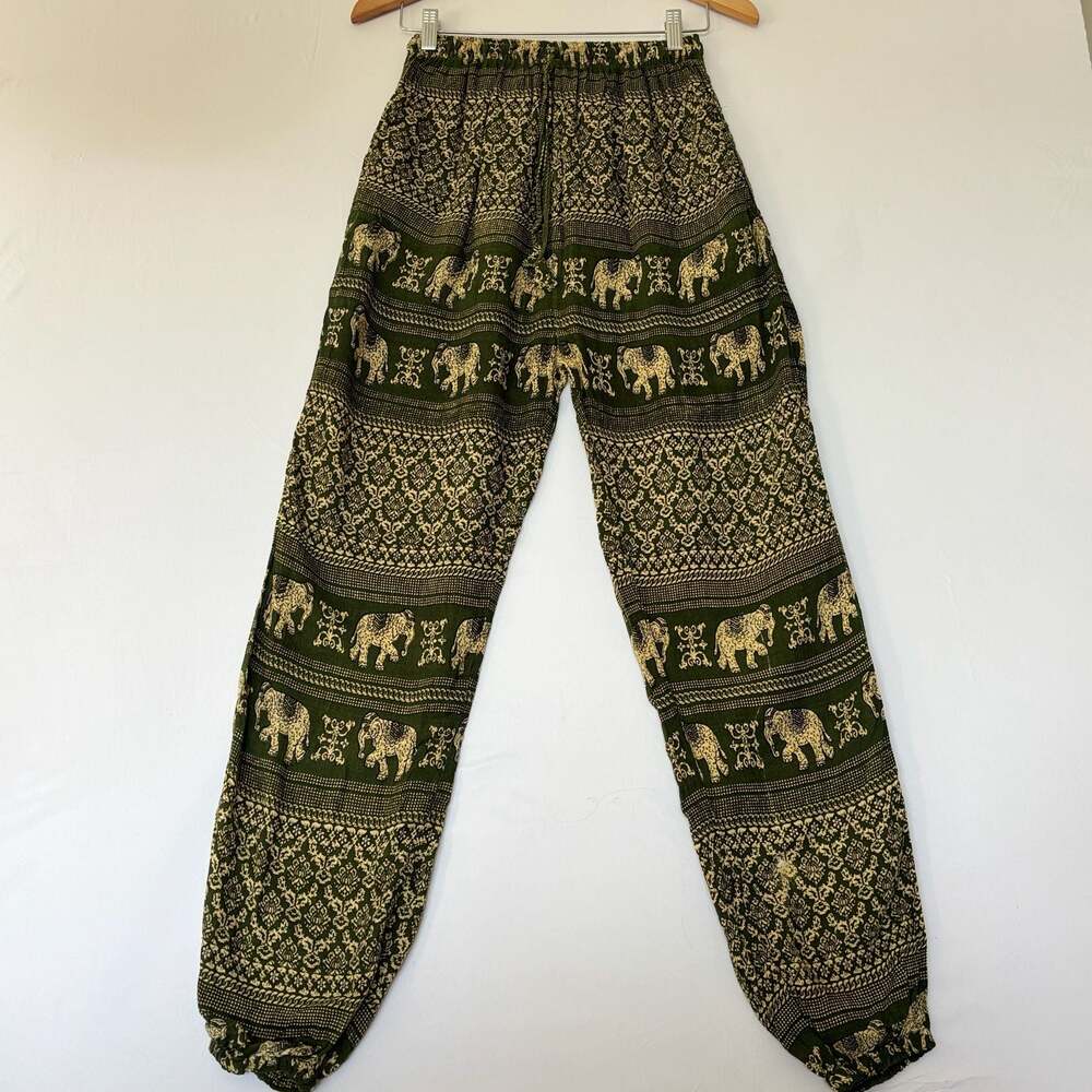 The Elephant Temple Boho Elephant Print Green Harem Pants